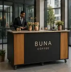 BUNA cart with wood sides at a corporate event